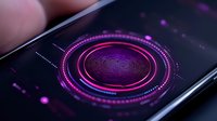 Glowing purple fingerprint scan interface on smartphone screen with futuristic circular elements and digital security visualization in dark setting.