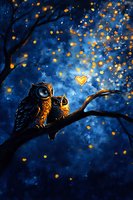 Pair of owls perched on branch under glowing heart and magical floating lights against deep blue night sky, romantic fantasy woodland scene with golden sparkles.