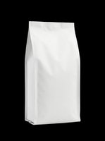 Blank white stand-up pouch with sealed bottom and folded top, isolated on transparent background. Ready for packaging design, product mockups, branding, labels, and print-on-demand applications.