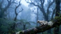 Lizard resting on moss-covered branch in misty forest atmosphere with twisted trees and ethereal blue lighting for nature wildlife photography projects.