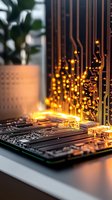 Computer circuit board with glowing orange lights and data streams in modern office environment for technology and innovation concepts.