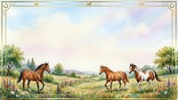 Horses grazing in pastoral meadow with mountains, fence and trees under soft sky. Suitable for equestrian, farm, countryside and nature-themed designs.