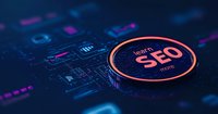 Digital circuit board with glowing orange SEO button surrounded by technology icons, representing search engine optimization for online marketing.