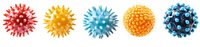 Colorful virus cell models in red, yellow, blue and orange arranged in row on white background, isolated molecular structure for medical and scientific design.