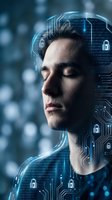 Young man with digital security overlay featuring binary code and lock icons representing cybersecurity and data protection in modern technology.