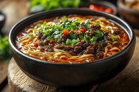 Spicy Asian noodle soup with minced meat, vegetables and herbs in black ceramic bowl on wooden surface. Rich broth garnished with fresh cilantro and chili.