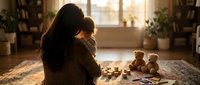 Young mother with long dark hair holding infant baby in cozy sunlit living room with teddy bears and wooden toys on carpet for family bonding moments.