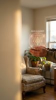 Hands holding glowing sacred geometry symbol with inner alignment text in cozy home interior with warm natural lighting and plants.
