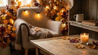 Cozy autumn living room with warm string lights, fall foliage, comfortable armchair, wooden coffee table, and glowing candle creating hygge atmosphere.