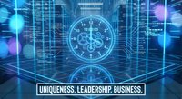 Digital clock hologram floating in futuristic data center with glowing server racks and circuit patterns for technology business concepts.