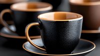 Black textured coffee cup with gold trim and saucer on dark background, elegant ceramic tableware for luxury dining and home decor styling.