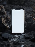 Modern smartphone with blank white screen displayed on dark rocky surface, surrounded by black stones in moody atmospheric setting. For mockup and app design.