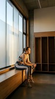 Athletic Asian woman in sportswear sitting by large windows in modern gym interior with warm sunlight streaming through glass panels.