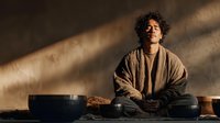 Young man with curly hair meditating in lotus position during golden hour with dramatic window light and shadow patterns creating peaceful mindfulness atmosphere.