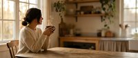 Young woman enjoying morning coffee in cozy kitchen with natural light streaming through windows. Peaceful domestic scene with wooden table and rustic decor.