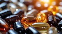 Macro shot of various vitamin and supplement capsules in dark brown, amber and transparent colors with soft lighting creating glossy reflections.