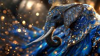 Majestic blue elephant sculpture adorned with golden ornaments and sparkling details against warm bokeh background for luxury decor and artistic designs.