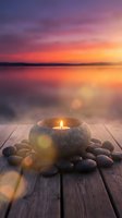 Stone candle holder with burning flame surrounded by smooth pebbles on wooden deck at sunset over calm water creating peaceful meditation atmosphere.