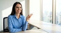 Professional Hispanic businesswoman smiling at modern office desk near window with city view, wearing blue shirt for corporate workplace presentations.