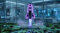 Neon rocket launching from digital circuit board in modern office environment, symbolizing startup growth, innovation, and technological advancement for business concepts.