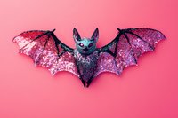 Glittery bat with spread wings on pink background, isolated for Halloween decorations, costumes, and festive design projects.