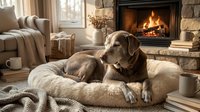 Relaxed Labrador dog resting on a cozy pet bed by a warm fireplace in a stylish living room, evoking comfort and home warmth.
