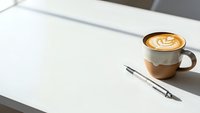 Minimalist workspace with latte art coffee cup and fountain pen on clean white desk for productivity and creative writing projects.