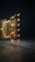 Glowing neon checklist with checkmarks and crosses emerging from golden cube on dark surface for business planning and decision making concepts.