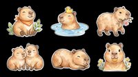 Cute capybara sticker set with six poses, isolated on transparent background, ready for t-shirt design, print on demand, clipart, and sublimation projects.