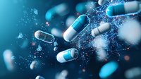 Medical capsules and pills floating in blue digital space with network connections and glowing particles, representing pharmaceutical innovation and healthcare technology.