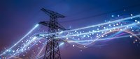 High voltage electrical transmission tower with glowing energy streams and light trails against purple night sky for power grid and renewable energy concepts.