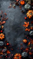 Autumn frame with orange and gray pumpkins, maple leaves, pine cones and red berries on dark textured background. Seasonal fall border with copy space.