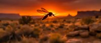 Mosquito silhouette flying against vibrant orange sunset sky over desert landscape with rocks and sparse vegetation, suitable for nature and wildlife themes.