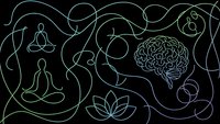 Mindfulness meditation concept with human silhouettes, brain anatomy, lotus flower and flowing lines on dark background for wellness design.