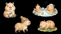 Cute capybara characters in various poses isolated on transparent background, ready for t-shirt designs, stickers, clipart, print-on-demand products and sublimation projects.