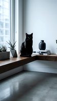 Black cat sitting on wooden windowsill with plants and books in modern minimalist interior with concrete floor and large windows.