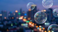 Soap bubbles floating over blurred city lights at dusk with financial charts reflected inside creating dreamy urban investment concept for business presentations.