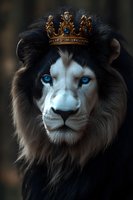 Majestic white lion with piercing blue eyes wearing golden crown against dark background, dramatic lighting highlights regal feline features and flowing mane.
