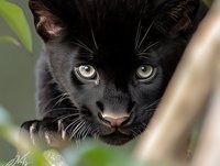 Close-up portrait of black kitten with bright green eyes peering through foliage, showing curiosity and innocence against natural green background.