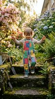 Happy toddler girl in colorful overalls walking on mossy stone steps in blooming garden during golden hour sunset light for family lifestyle content.