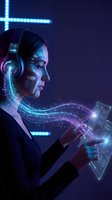 Young Asian woman with headphones using futuristic holographic tablet interface with glowing digital particles and neon blue lighting effects in cyberpunk style.