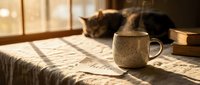 Steaming speckled mug on linen surface beside a hello note, sleeping cat and books in warm morning sunlight by window.