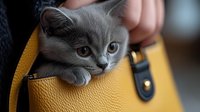 Adorable gray kitten with blue eyes peeking out from yellow leather handbag, cute pet portrait for animal lovers and fashion accessories concepts.