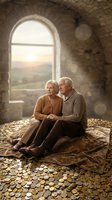 Happy elderly Caucasian couple sitting on carpet surrounded by golden coins in rustic stone room with arched window at sunset for retirement planning concepts.