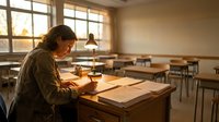 Young female student studying alone in empty classroom during golden hour sunset light through windows concentrating on textbooks and notes at wooden desk.