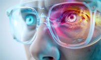 Close up view of transparent glasses with dramatic pink and blue light reflections showing intense eye with technological futuristic effect for vision concepts.