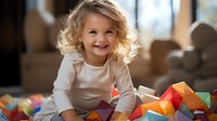 Cheerful caucasian toddler girl with curly blonde hair and white long sleeve shirt playing with colorful educational toys on floor, expressing joy and happiness.