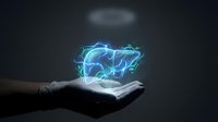 Digital brain hologram floating above open palm with electric blue neural connections on dark background for technology and artificial intelligence concepts.
