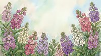 Watercolor floral border with pink, purple, and white blooming flowers on soft pastel background, copy space for text or greeting card design.