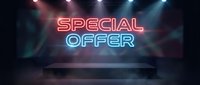 Neon special offer sign glowing on dark stage with colorful spotlights and smoke effects for retail marketing campaigns and promotional advertising.